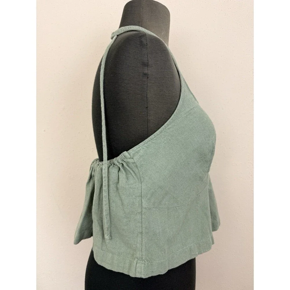 Free People Free-Est Melted Away Cotton Linen Cropped Top Sz Small Halter Green